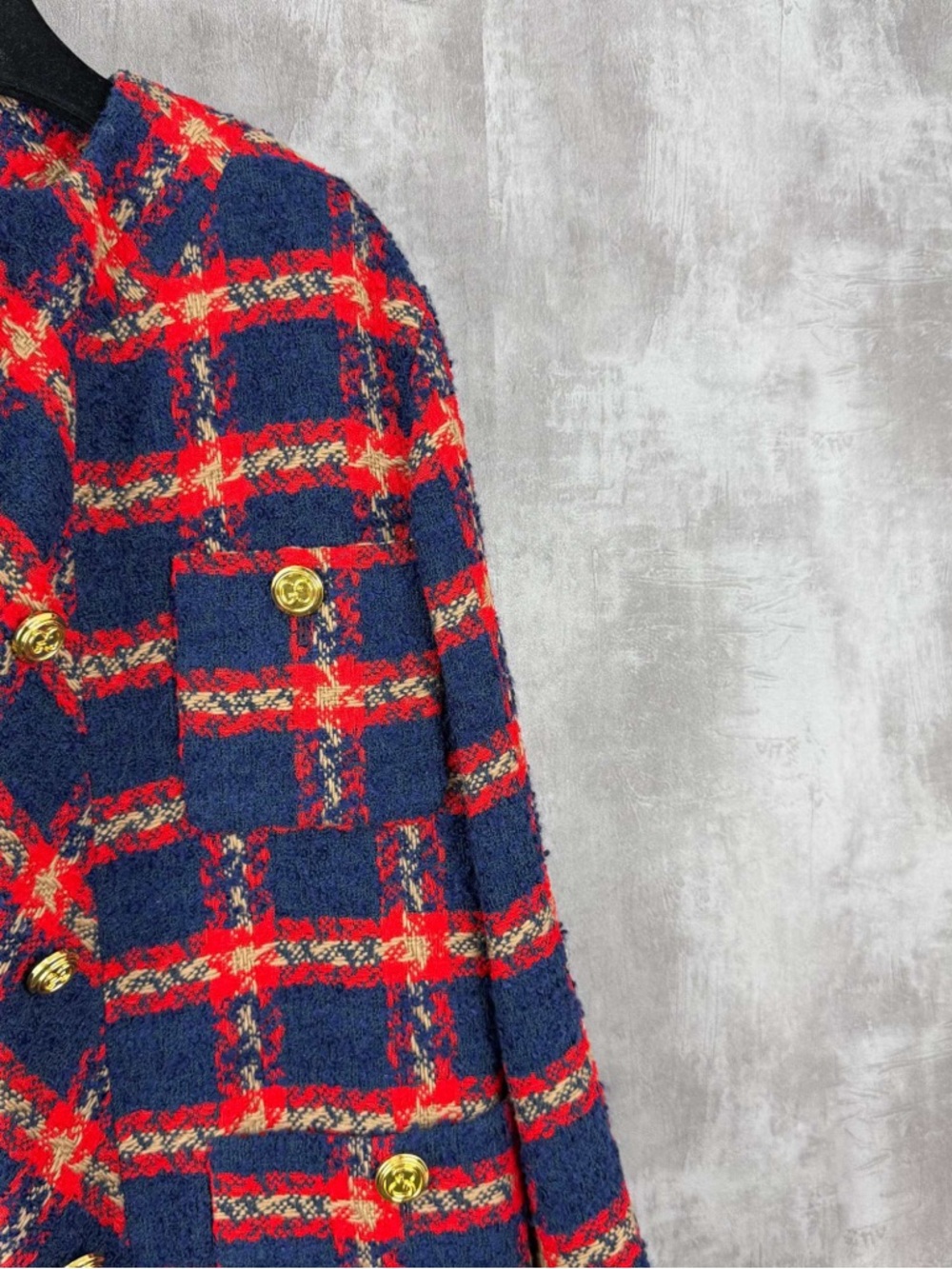 Gucci Navy and Red Plaid Tweed Blazer Jacket with Gold Buttons - Picture 2 of 7